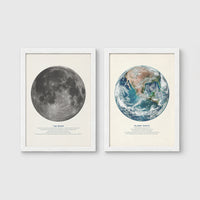 Set of 2 framed prints, educational space illustrations: "The Moon", a captioned lunar illustration; and "Planet Earth", a captioned illustration from space — unframed