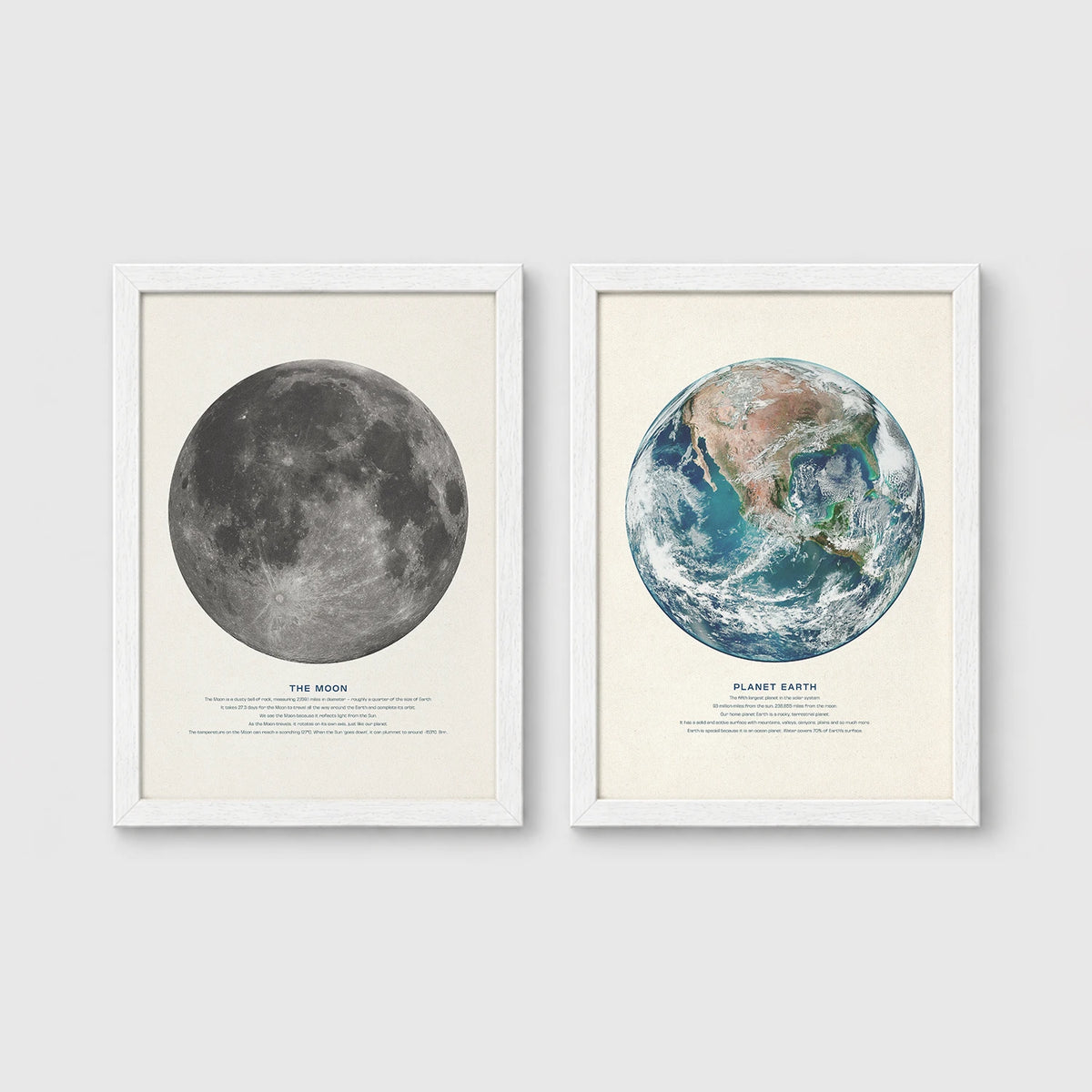Set of 2 framed prints, educational space illustrations: "The Moon", a captioned lunar illustration; and "Planet Earth", a captioned illustration from space — unframed