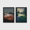 Set of 2 framed prints, adventure pennant illustrations: a "Find Your Way" pennant flag over mountains at night; and an "Explore" pennant flag over a forest stream — unframed
