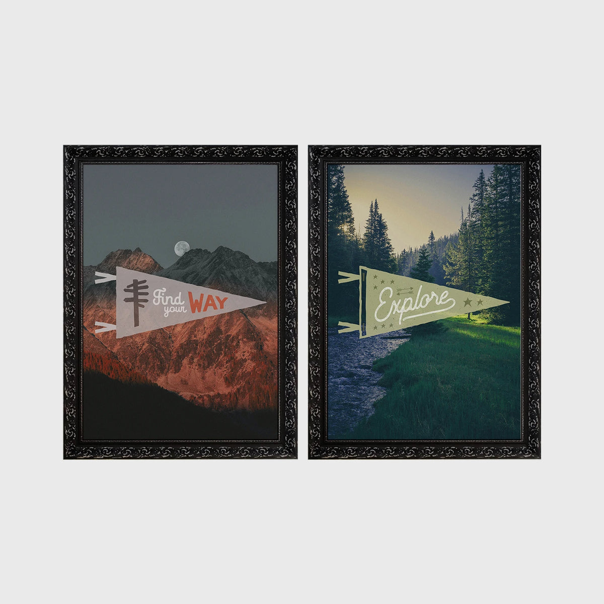 Set of 2 framed prints, adventure pennant illustrations: a "Find Your Way" pennant flag over mountains at night; and an "Explore" pennant flag over a forest stream — unframed