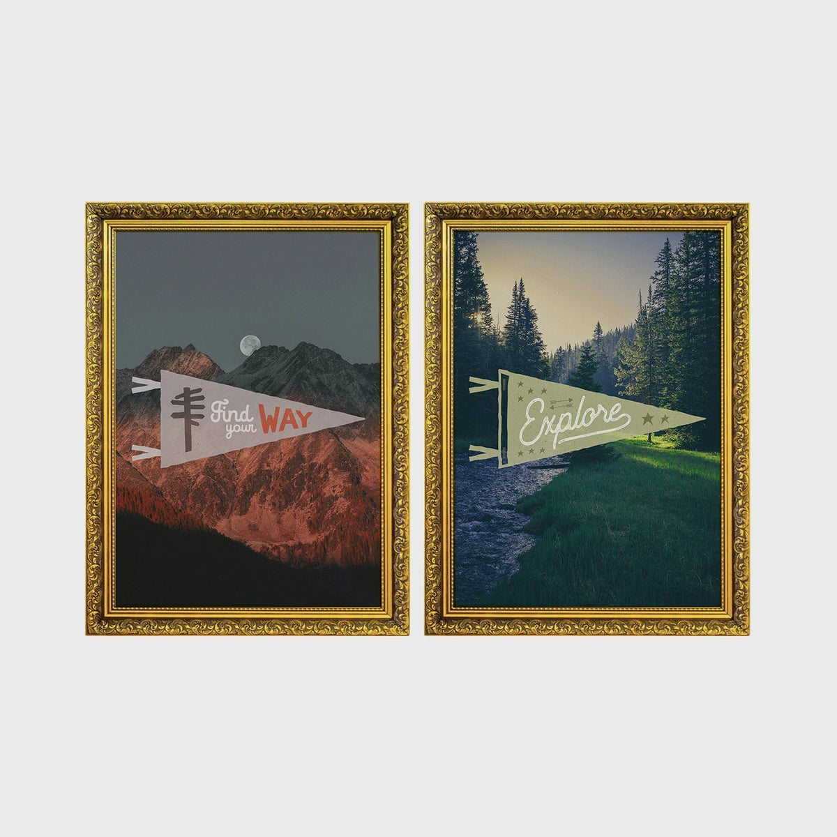 Set of 2 framed prints, adventure pennant illustrations: a "Find Your Way" pennant flag over mountains at night; and an "Explore" pennant flag over a forest stream — unframed