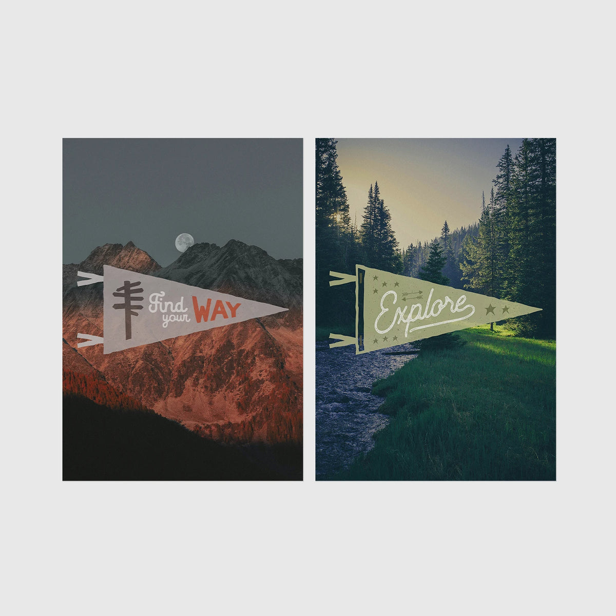 Set of 2 framed prints, adventure pennant illustrations: a "Find Your Way" pennant flag over mountains at night; and an "Explore" pennant flag over a forest stream — unframed