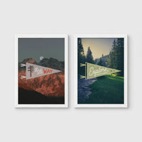 Set of 2 framed prints, adventure pennant illustrations: a "Find Your Way" pennant flag over mountains at night; and an "Explore" pennant flag over a forest stream — unframed