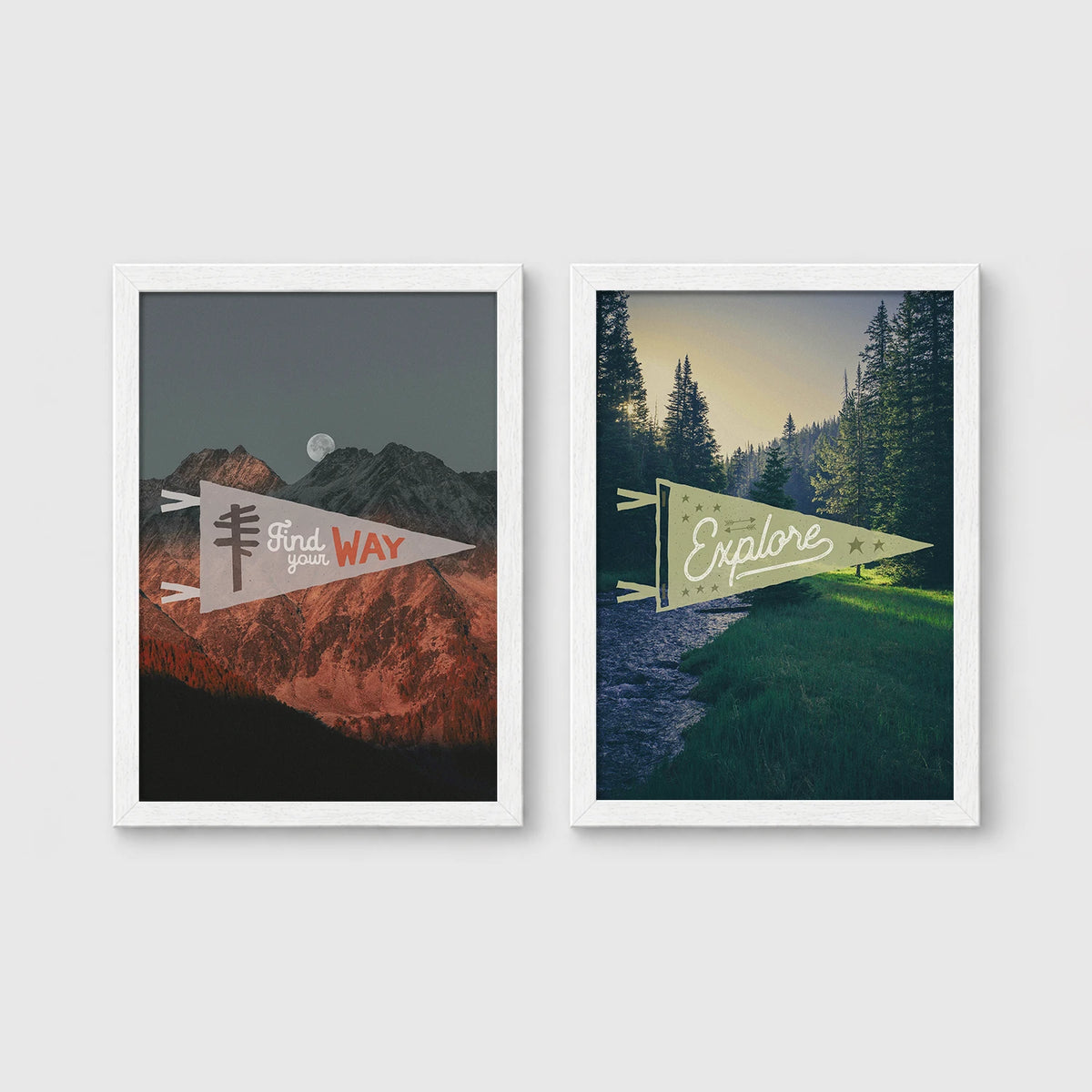 Set of 2 framed prints, adventure pennant illustrations: a "Find Your Way" pennant flag over mountains at night; and an "Explore" pennant flag over a forest stream — unframed