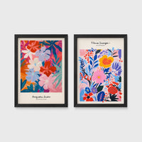 Set of 2 framed prints, painterly abstract floral prints: "Avec Mon Jardin" colourful abstract floral painting; and "Fleurs Sauvages de Amsterdam" colourful wildflower painting — unframed