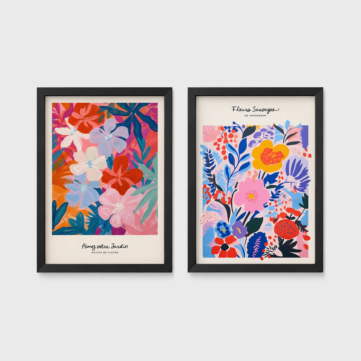 Set of 2 framed prints, painterly abstract floral prints: "Avec Mon Jardin" colourful abstract floral painting; and "Fleurs Sauvages de Amsterdam" colourful wildflower painting — unframed