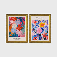 Set of 2 framed prints, painterly abstract floral prints: "Avec Mon Jardin" colourful abstract floral painting; and "Fleurs Sauvages de Amsterdam" colourful wildflower painting — unframed