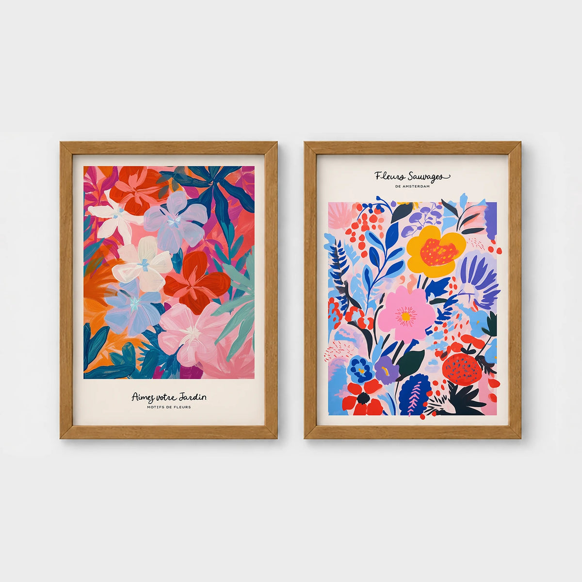 Set of 2 framed prints, painterly abstract floral prints: "Avec Mon Jardin" colourful abstract floral painting; and "Fleurs Sauvages de Amsterdam" colourful wildflower painting — unframed