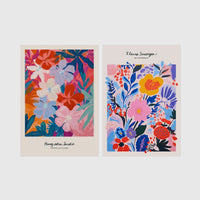 Set of 2 framed prints, painterly abstract floral prints: "Avec Mon Jardin" colourful abstract floral painting; and "Fleurs Sauvages de Amsterdam" colourful wildflower painting — unframed