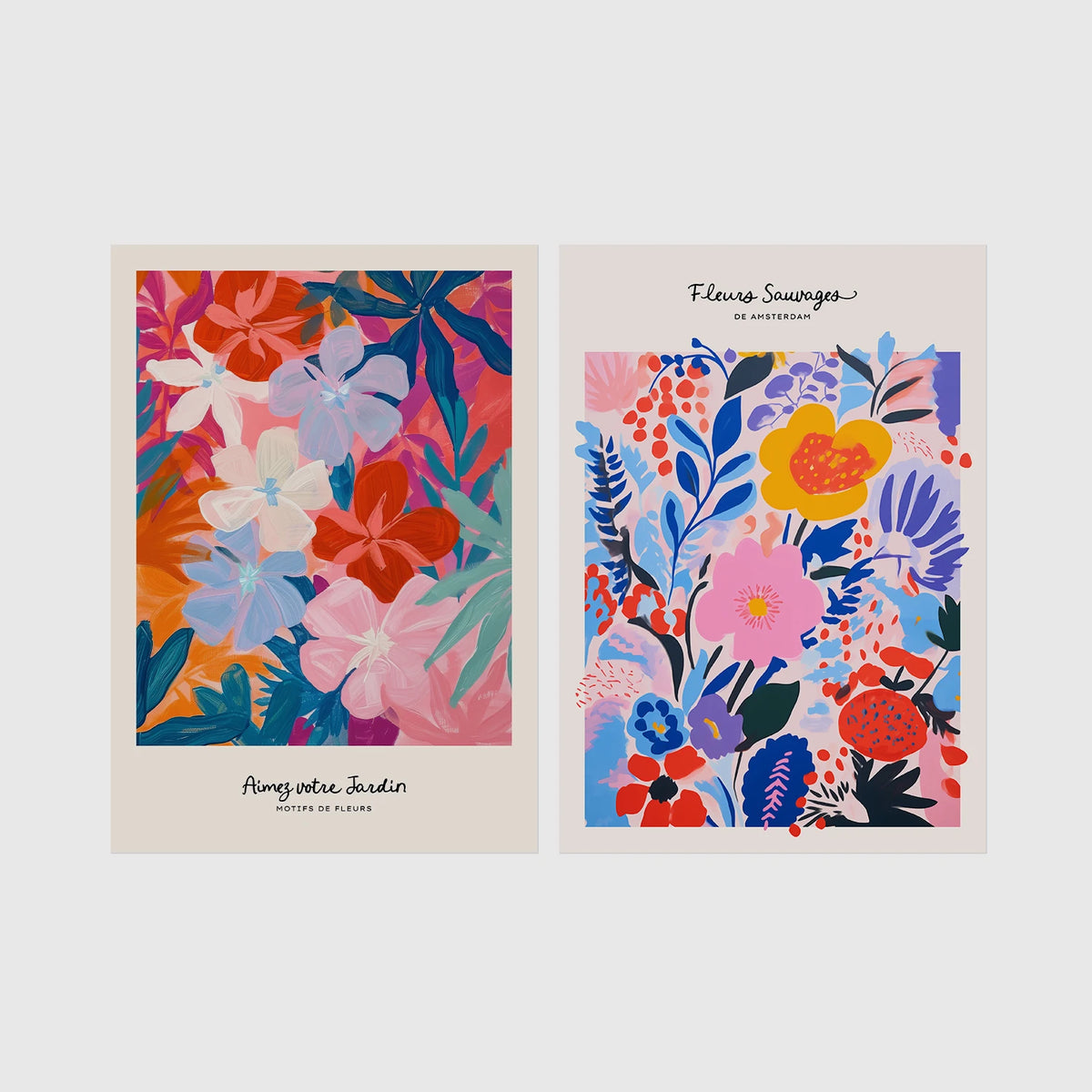 Set of 2 framed prints, painterly abstract floral prints: "Avec Mon Jardin" colourful abstract floral painting; and "Fleurs Sauvages de Amsterdam" colourful wildflower painting — unframed