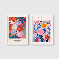 Set of 2 framed prints, painterly abstract floral prints: "Avec Mon Jardin" colourful abstract floral painting; and "Fleurs Sauvages de Amsterdam" colourful wildflower painting — unframed