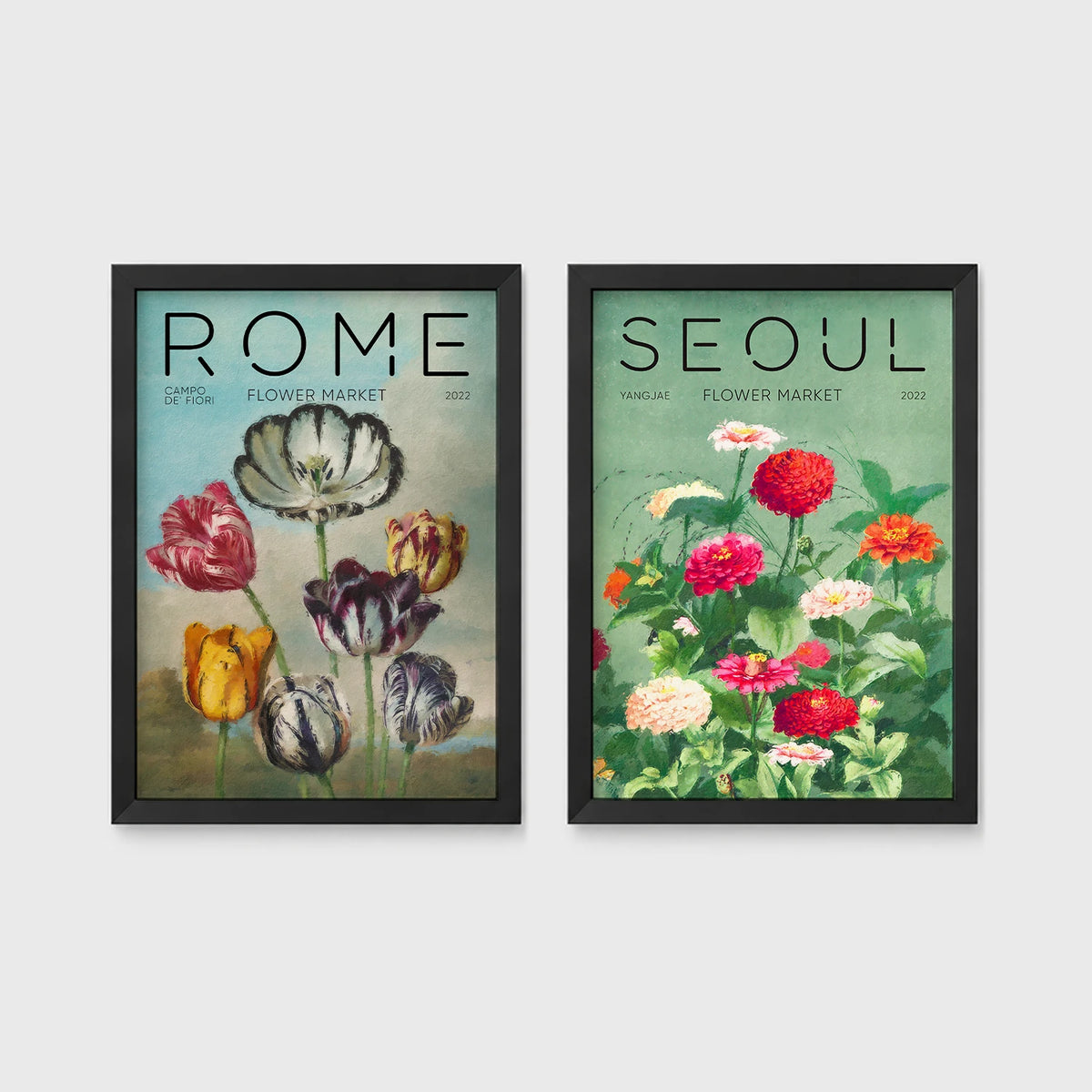 Set of 2 framed prints, painterly flower market prints: a "Rome Flower Market" painterly tulip illustration; and a "Seoul Flower Market" painterly zinnia illustration — unframed
