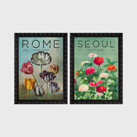 Set of 2 framed prints, painterly flower market prints: a "Rome Flower Market" painterly tulip illustration; and a "Seoul Flower Market" painterly zinnia illustration — unframed