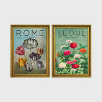 Set of 2 framed prints, painterly flower market prints: a "Rome Flower Market" painterly tulip illustration; and a "Seoul Flower Market" painterly zinnia illustration — unframed