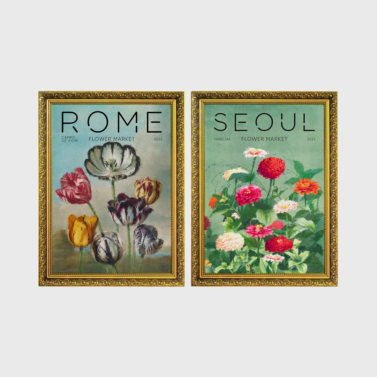 Set of 2 framed prints, painterly flower market prints: a "Rome Flower Market" painterly tulip illustration; and a "Seoul Flower Market" painterly zinnia illustration — unframed