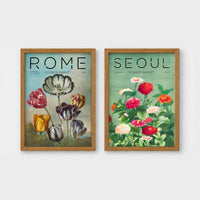 Set of 2 framed prints, painterly flower market prints: a "Rome Flower Market" painterly tulip illustration; and a "Seoul Flower Market" painterly zinnia illustration — unframed