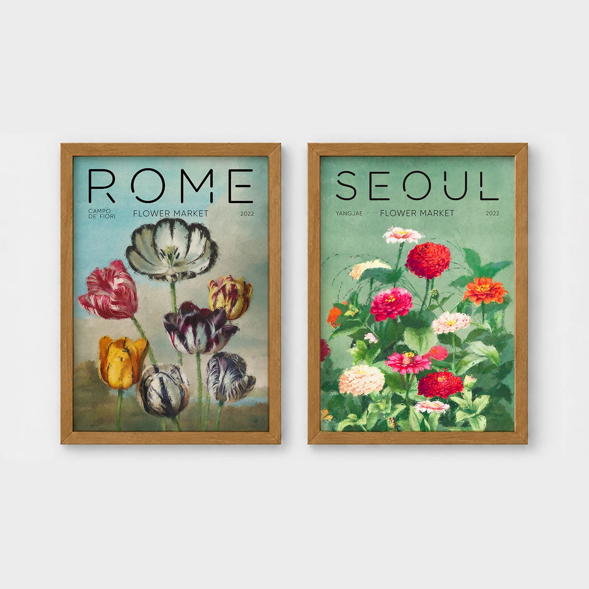 Set of 2 framed prints, painterly flower market prints: a "Rome Flower Market" painterly tulip illustration; and a "Seoul Flower Market" painterly zinnia illustration — unframed