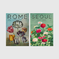 Set of 2 framed prints, painterly flower market prints: a "Rome Flower Market" painterly tulip illustration; and a "Seoul Flower Market" painterly zinnia illustration — unframed