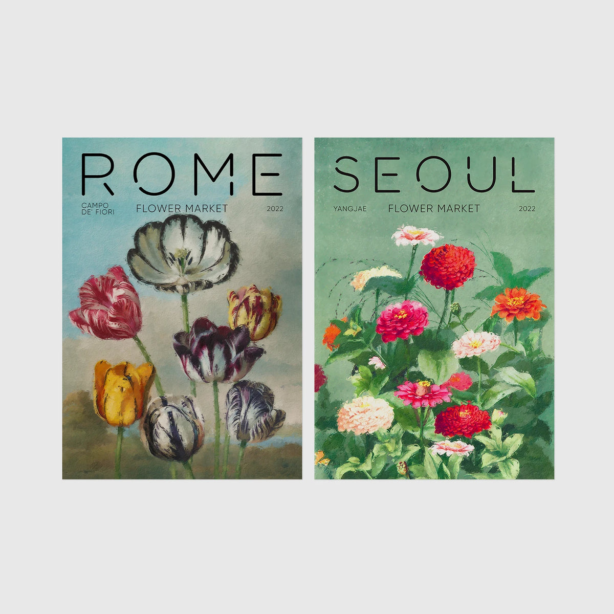 Set of 2 framed prints, painterly flower market prints: a "Rome Flower Market" painterly tulip illustration; and a "Seoul Flower Market" painterly zinnia illustration — unframed