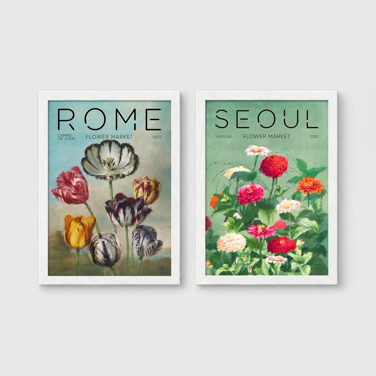 Set of 2 framed prints, painterly flower market prints: a "Rome Flower Market" painterly tulip illustration; and a "Seoul Flower Market" painterly zinnia illustration — unframed