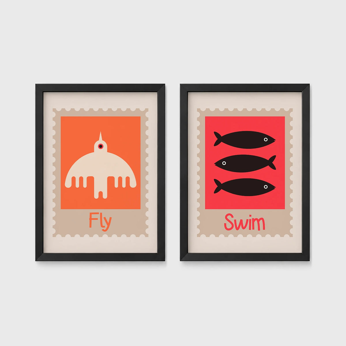 Set of 2 framed prints, stamp-style icon illustrations: a "Fly" stamp-style icon illustration; and a "Swim" stamp-style icon illustration of fish — unframed