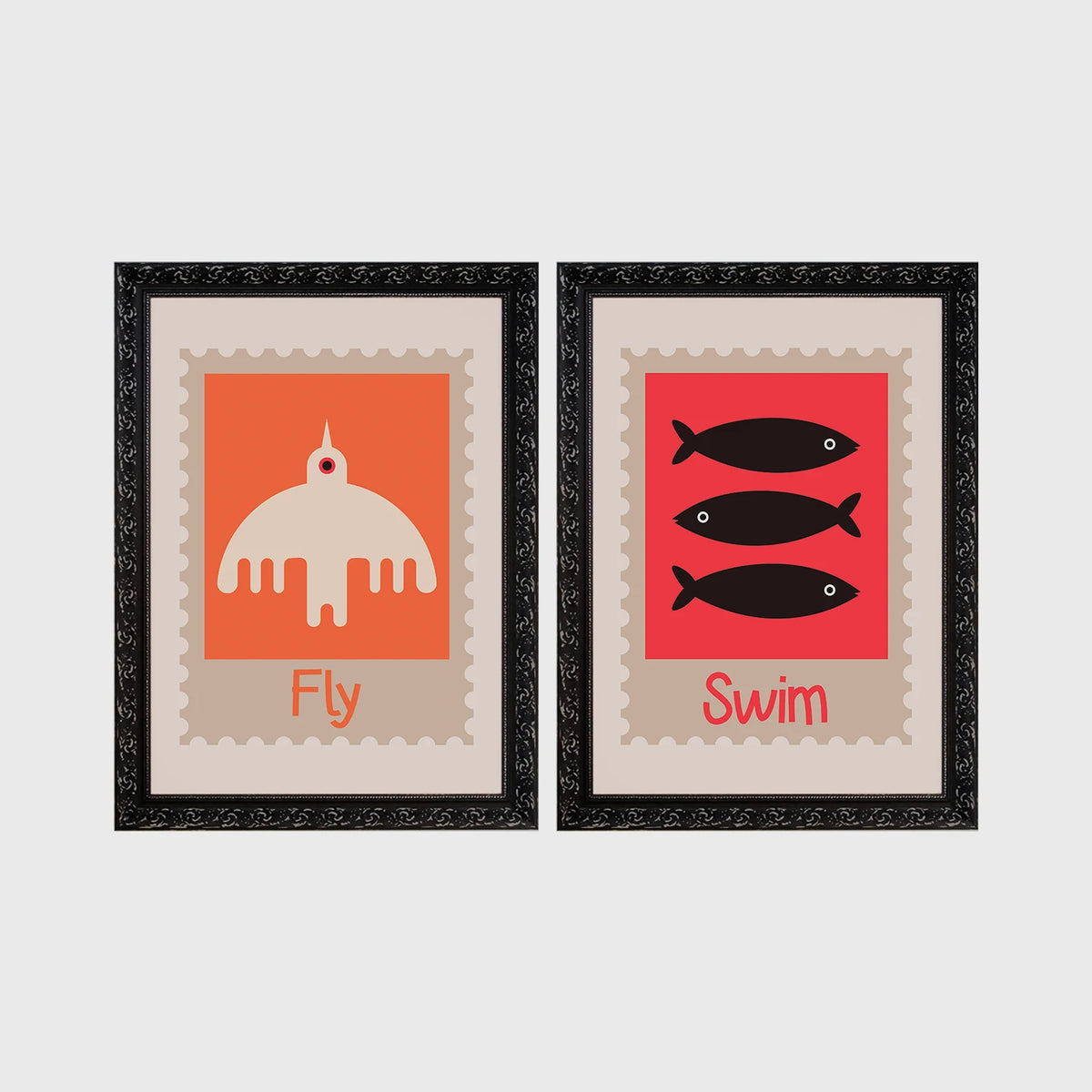 Set of 2 framed prints, stamp-style icon illustrations: a "Fly" stamp-style icon illustration; and a "Swim" stamp-style icon illustration of fish — unframed