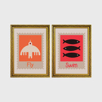 Set of 2 framed prints, stamp-style icon illustrations: a "Fly" stamp-style icon illustration; and a "Swim" stamp-style icon illustration of fish — unframed