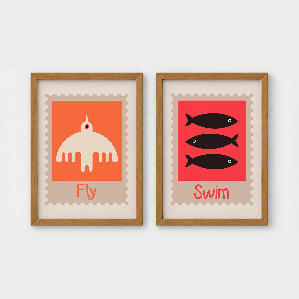 Set of 2 framed prints, stamp-style icon illustrations: a "Fly" stamp-style icon illustration; and a "Swim" stamp-style icon illustration of fish — unframed