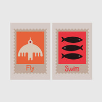 Set of 2 framed prints, stamp-style icon illustrations: a "Fly" stamp-style icon illustration; and a "Swim" stamp-style icon illustration of fish — unframed