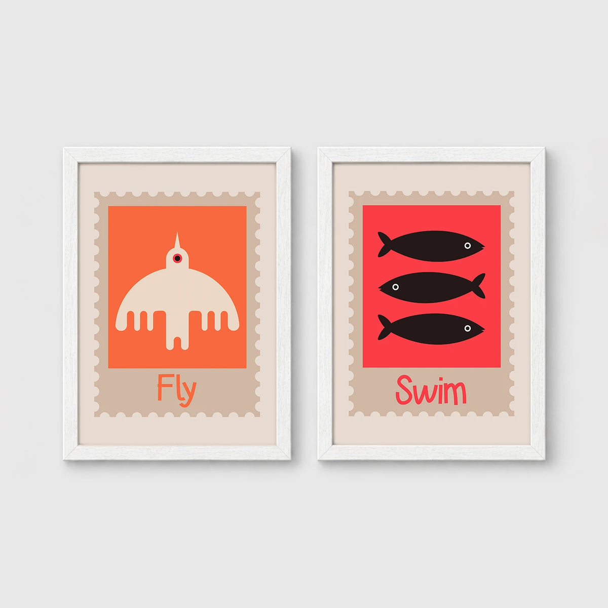 Set of 2 framed prints, stamp-style icon illustrations: a "Fly" stamp-style icon illustration; and a "Swim" stamp-style icon illustration of fish — unframed