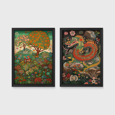 Set of 2 framed prints, folk art illustrations: a folk art painting of a blossoming tree and garden landscape; and a folk art illustration of a dragon among flowers — unframed