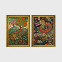 Set of 2 framed prints, folk art illustrations: a folk art painting of a blossoming tree and garden landscape; and a folk art illustration of a dragon among flowers — unframed