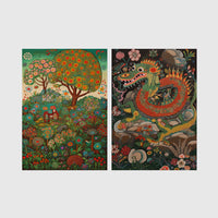 Set of 2 framed prints, folk art illustrations: a folk art painting of a blossoming tree and garden landscape; and a folk art illustration of a dragon among flowers — unframed