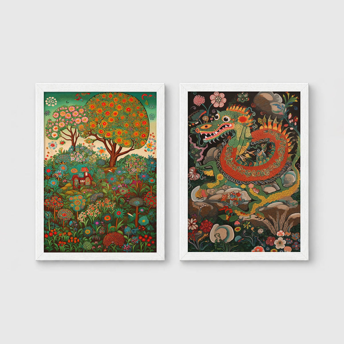 Set of 2 framed prints, folk art illustrations: a folk art painting of a blossoming tree and garden landscape; and a folk art illustration of a dragon among flowers — unframed