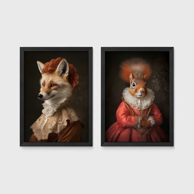 Set of 2 framed prints, animals in period noble dress: a fox in a lace collar; and a crowned squirrel in a pink dress — unframed