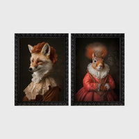 Set of 2 framed prints, animals in period noble dress: a fox in a lace collar; and a crowned squirrel in a pink dress — unframed