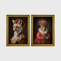 Set of 2 framed prints, animals in period noble dress: a fox in a lace collar; and a crowned squirrel in a pink dress — unframed
