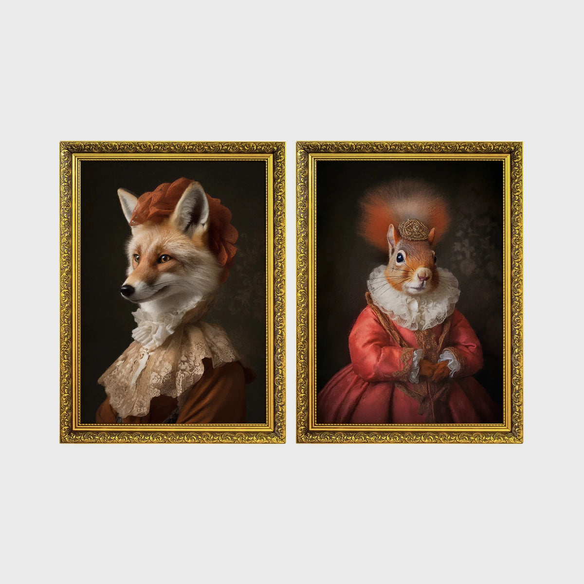 Set of 2 framed prints, animals in period noble dress: a fox in a lace collar; and a crowned squirrel in a pink dress — unframed