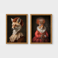 Set of 2 framed prints, animals in period noble dress: a fox in a lace collar; and a crowned squirrel in a pink dress — unframed