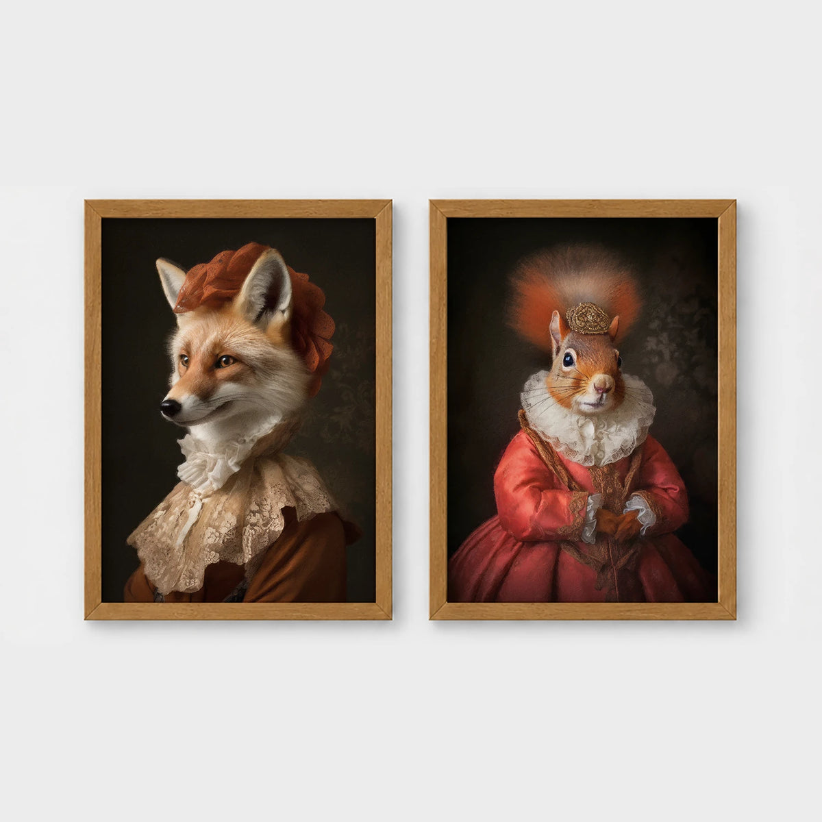 Set of 2 framed prints, animals in period noble dress: a fox in a lace collar; and a crowned squirrel in a pink dress — unframed