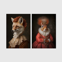 Set of 2 framed prints, animals in period noble dress: a fox in a lace collar; and a crowned squirrel in a pink dress — unframed