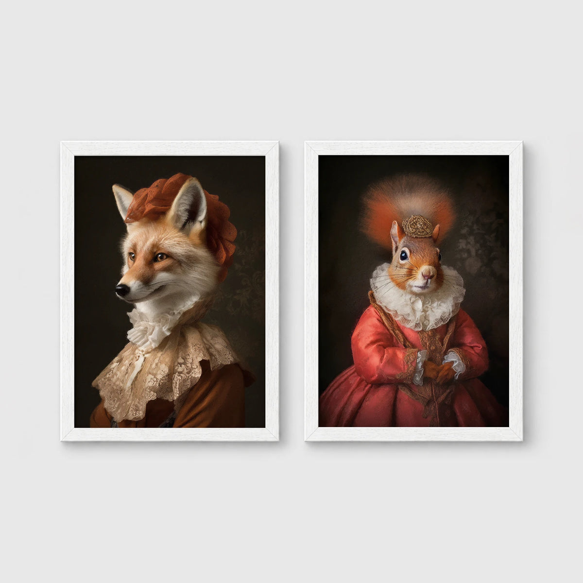 Set of 2 framed prints, animals in period noble dress: a fox in a lace collar; and a crowned squirrel in a pink dress — unframed