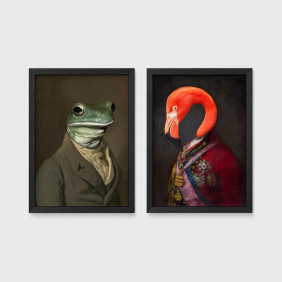 Set of 2 framed prints, animals in character/noble dress: a frog in a plain suit; and a flamingo in a royal red robe with medals — unframed