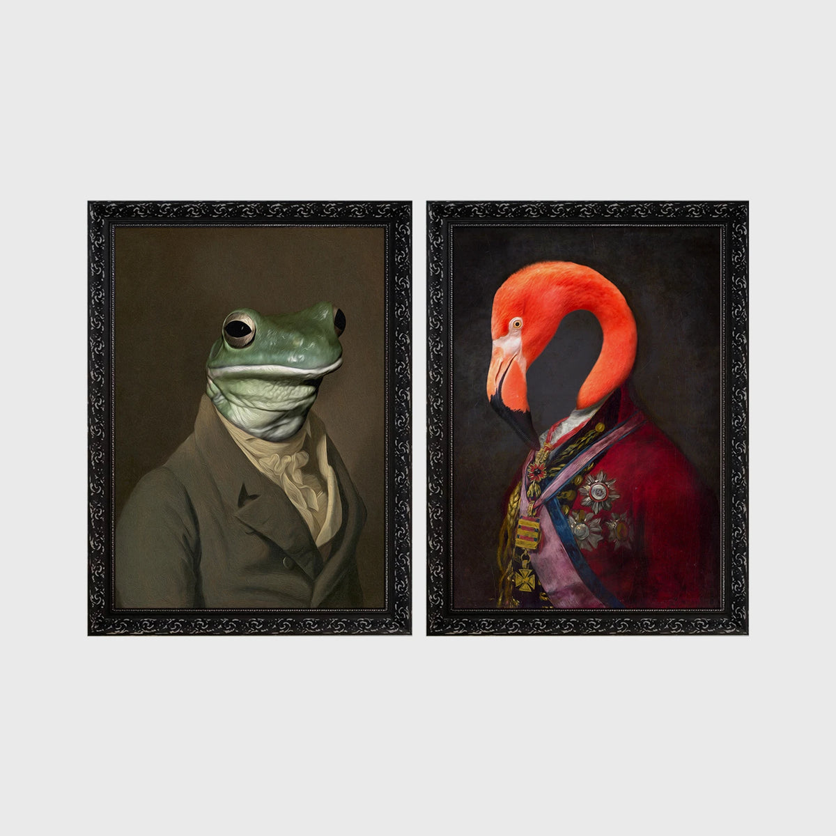 Set of 2 framed prints, animals in character/noble dress: a frog in a plain suit; and a flamingo in a royal red robe with medals — unframed