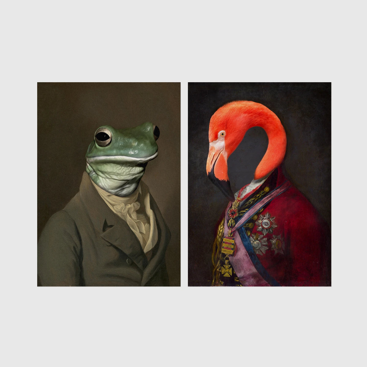 Set of 2 framed prints, animals in character/noble dress: a frog in a plain suit; and a flamingo in a royal red robe with medals — unframed
