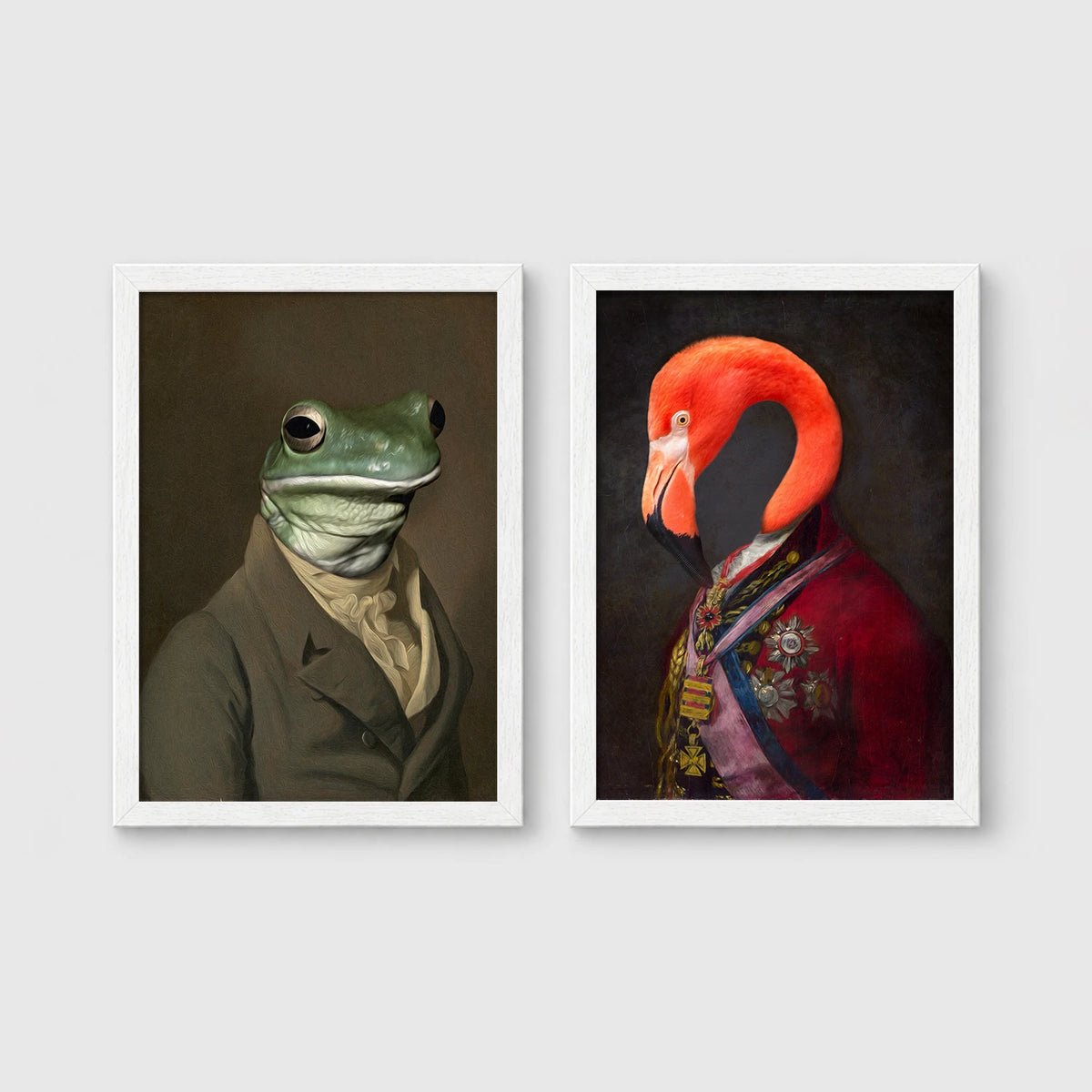 Set of 2 framed prints, animals in character/noble dress: a frog in a plain suit; and a flamingo in a royal red robe with medals — unframed