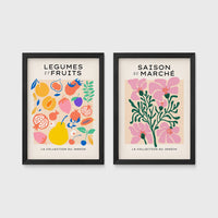Set of 2 framed prints, illustrated fruit and flower patterns: "Legumes et Fruits" illustrated fruit and vegetable pattern; and "Saison du Marché" pink flower illustration — unframed