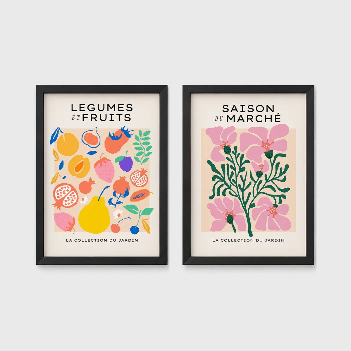 Set of 2 framed prints, illustrated fruit and flower patterns: "Legumes et Fruits" illustrated fruit and vegetable pattern; and "Saison du Marché" pink flower illustration — unframed