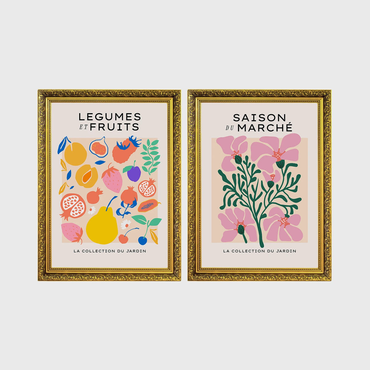 Set of 2 framed prints, illustrated fruit and flower patterns: "Legumes et Fruits" illustrated fruit and vegetable pattern; and "Saison du Marché" pink flower illustration — unframed