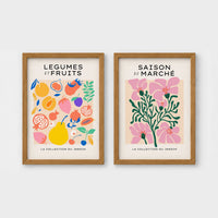 Set of 2 framed prints, illustrated fruit and flower patterns: "Legumes et Fruits" illustrated fruit and vegetable pattern; and "Saison du Marché" pink flower illustration — unframed
